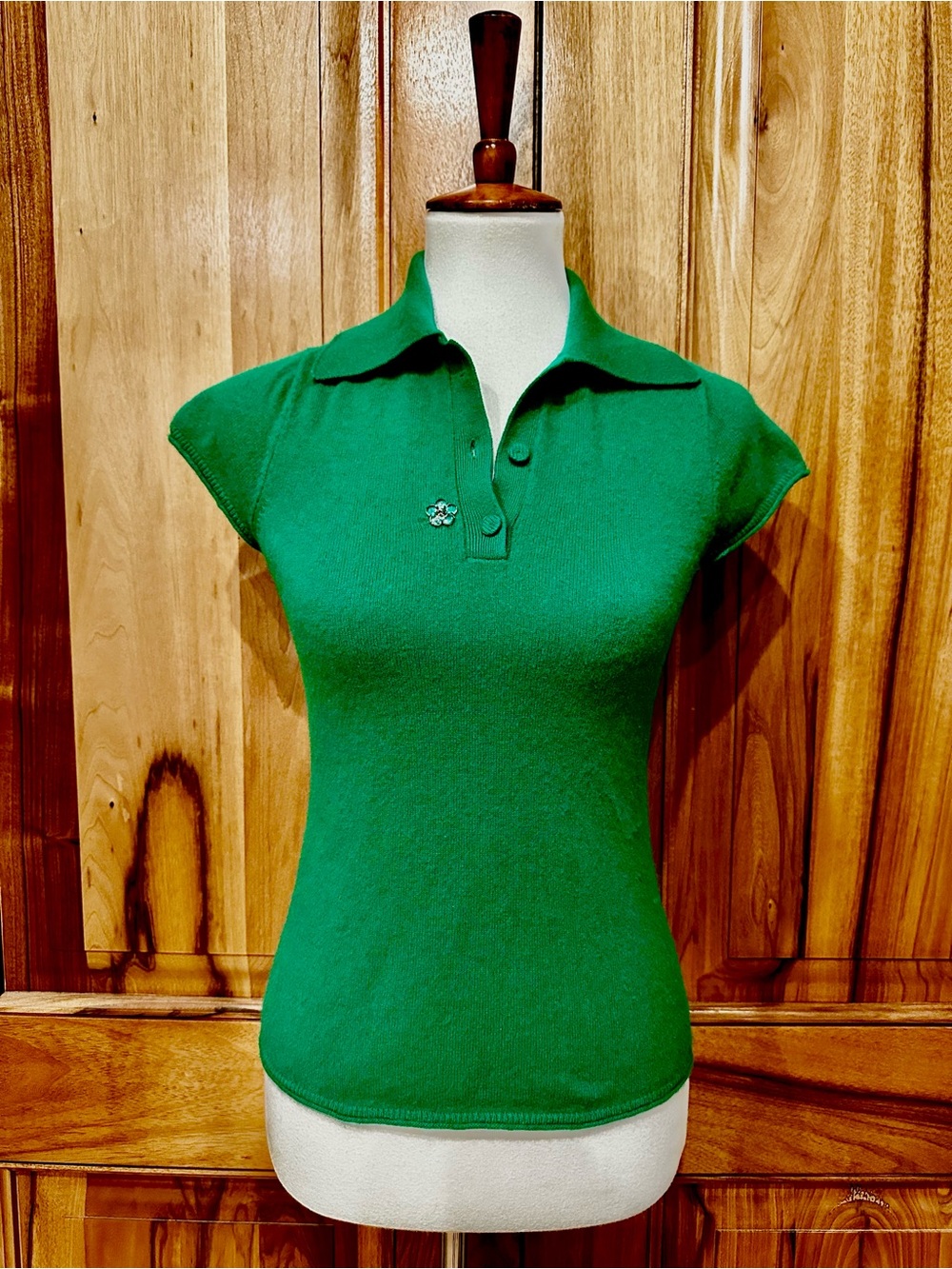 Magaschoni Cashmere Vivid Green Knit Short-Sleeve Polo Sweater/Mended VGUC est S
